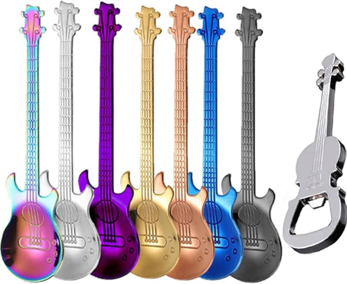 Set of guitar-shaped coffee and tea spoons with multicolor metallic finishes