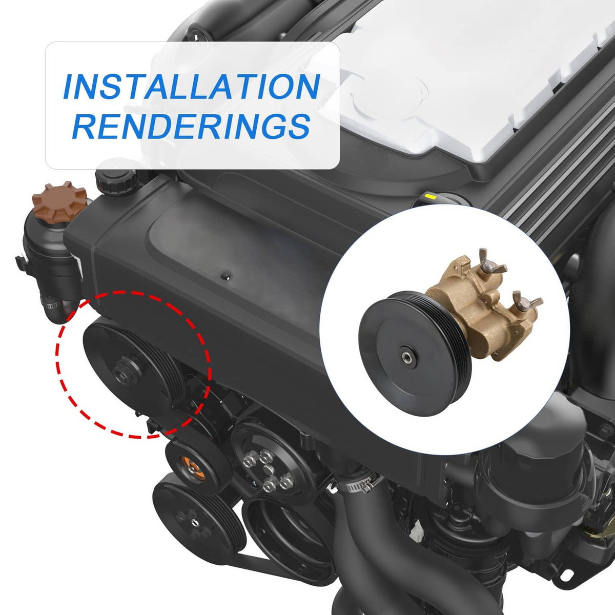 Raw water pump mounted on engine, black pulley visible with close-up inset