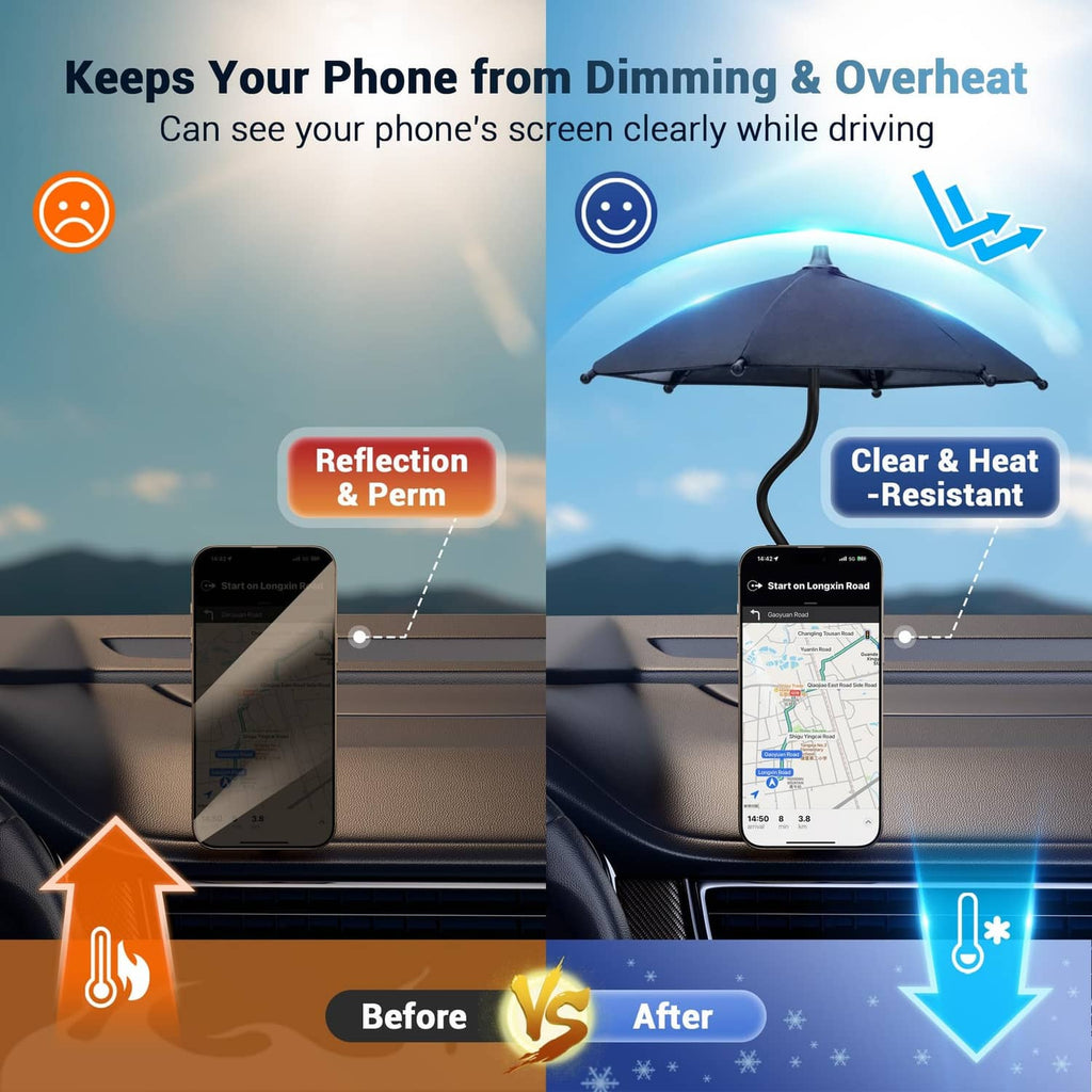Pink magnetic phone umbrella with phone mount under the canopy to reduce glare.