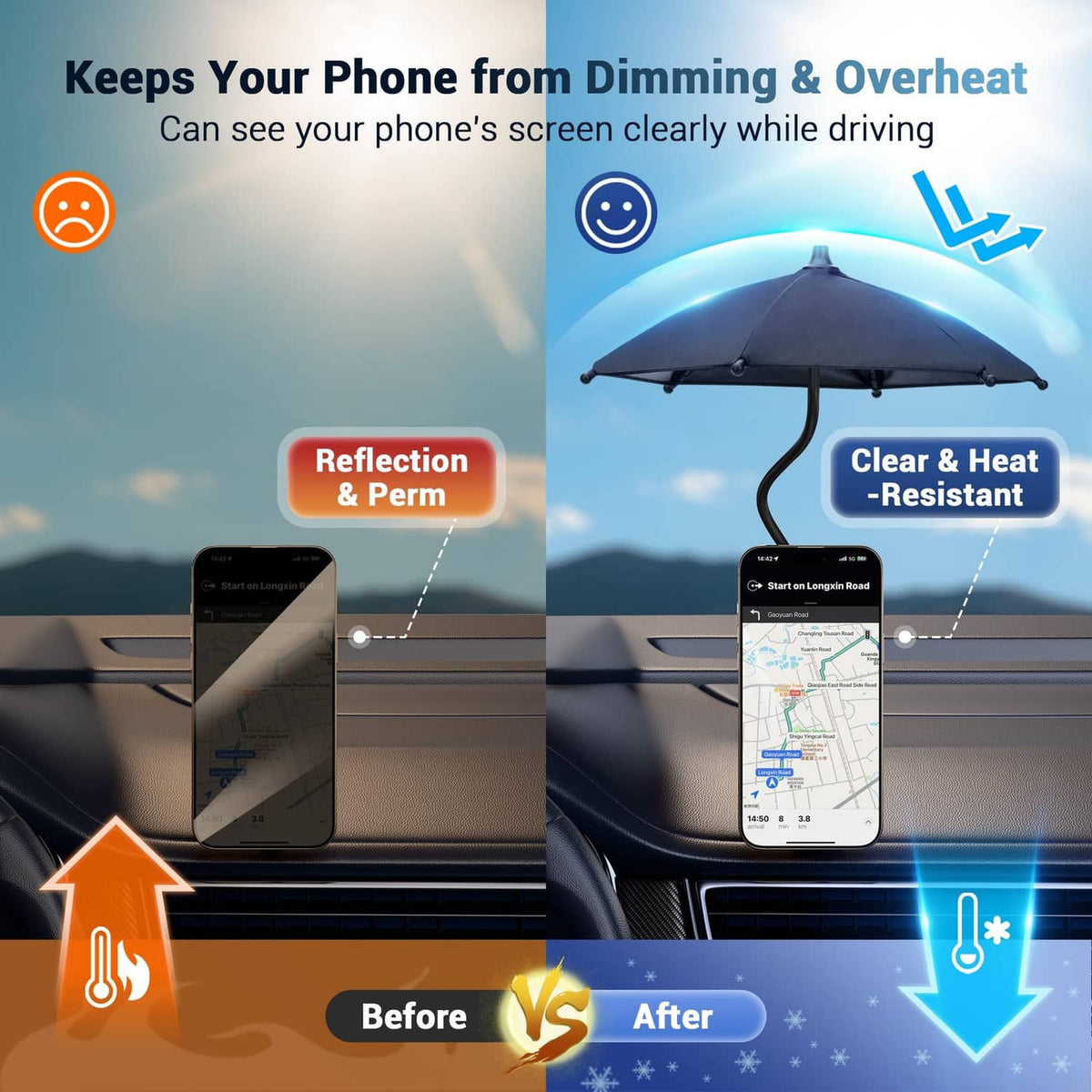Pink magnetic phone umbrella with phone mount under the canopy to reduce glare.