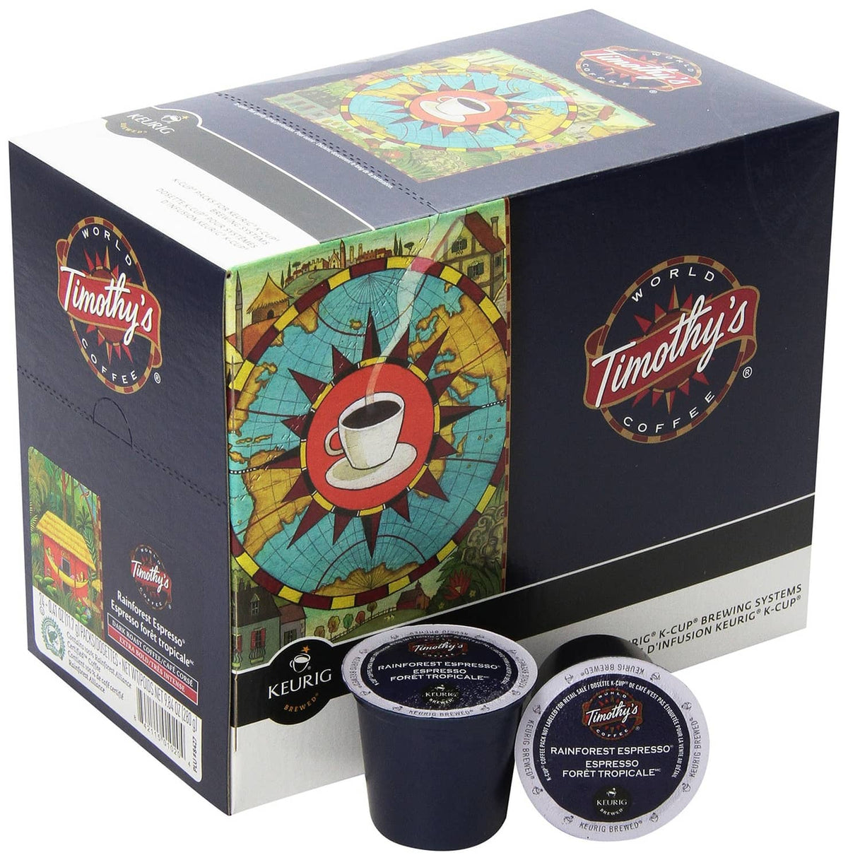 Timothy's Rainforest Espresso K-cup box with two pods, Keurig brewed dark roast