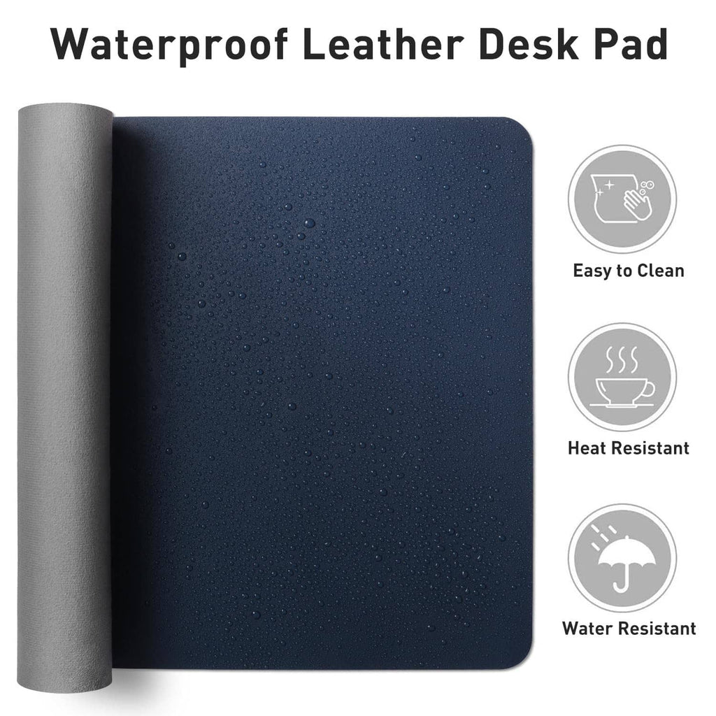 Dark blue leather desk pad protector with water droplets, rolled on a background roll