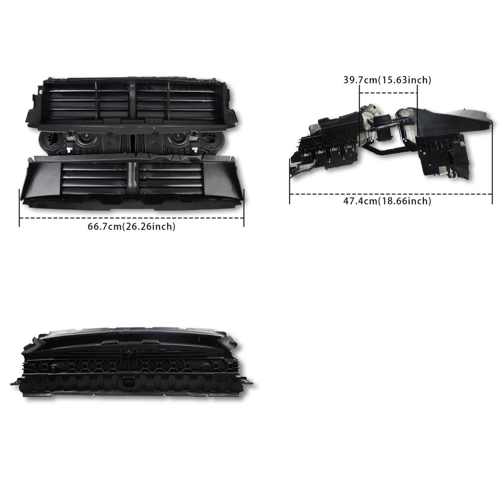 Front grille shutter assembly with motor, multiple angles and size dimensions shown