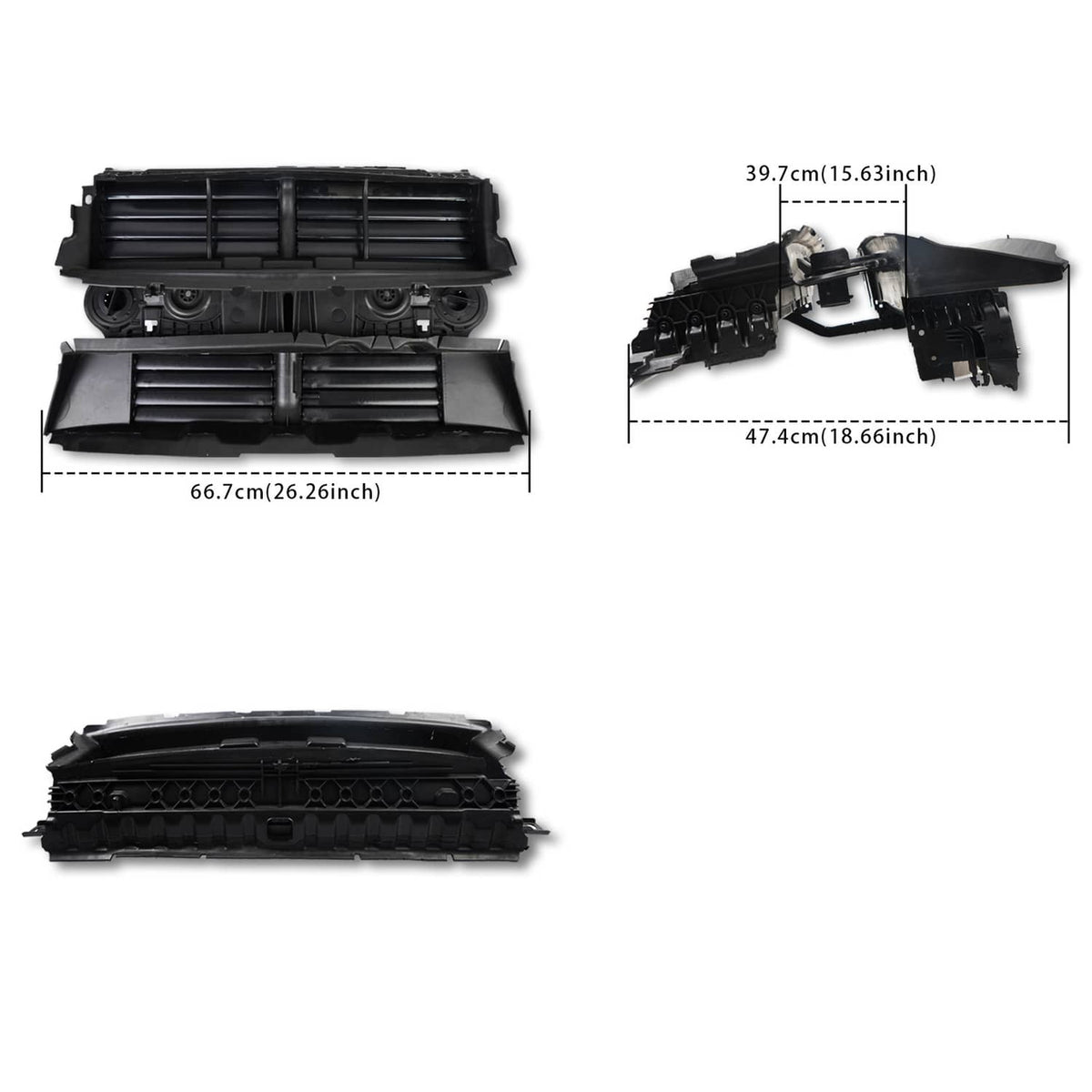 Front grille shutter assembly with motor, multiple angles and size dimensions shown