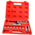 Red tool kit case with valve stem seal remover and installer pliers and adapters