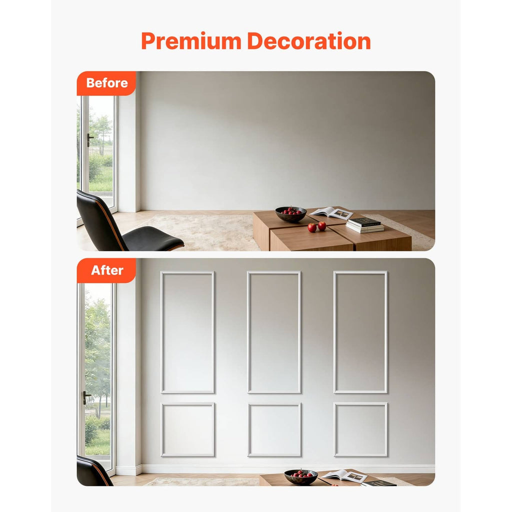 White wall molding trim set with rectangular panel frames and square details