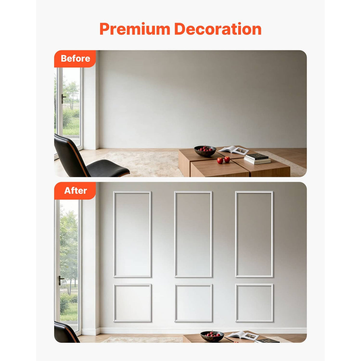 White wall molding trim set with rectangular panel frames and square details