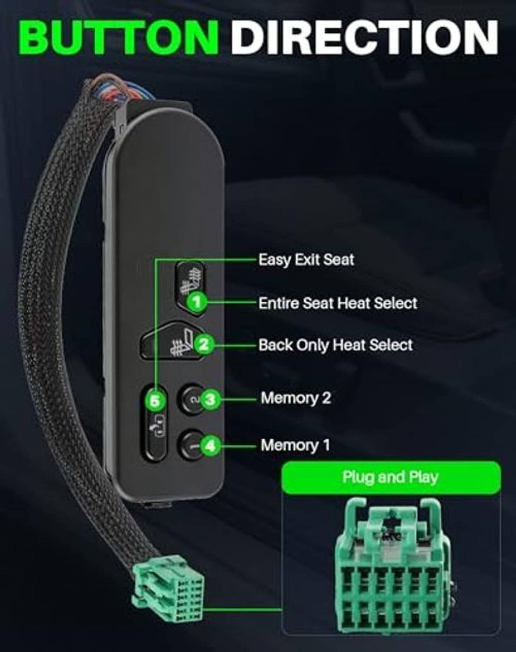 Heated seat switch panel with easy-exit, heat select, and memory button labels