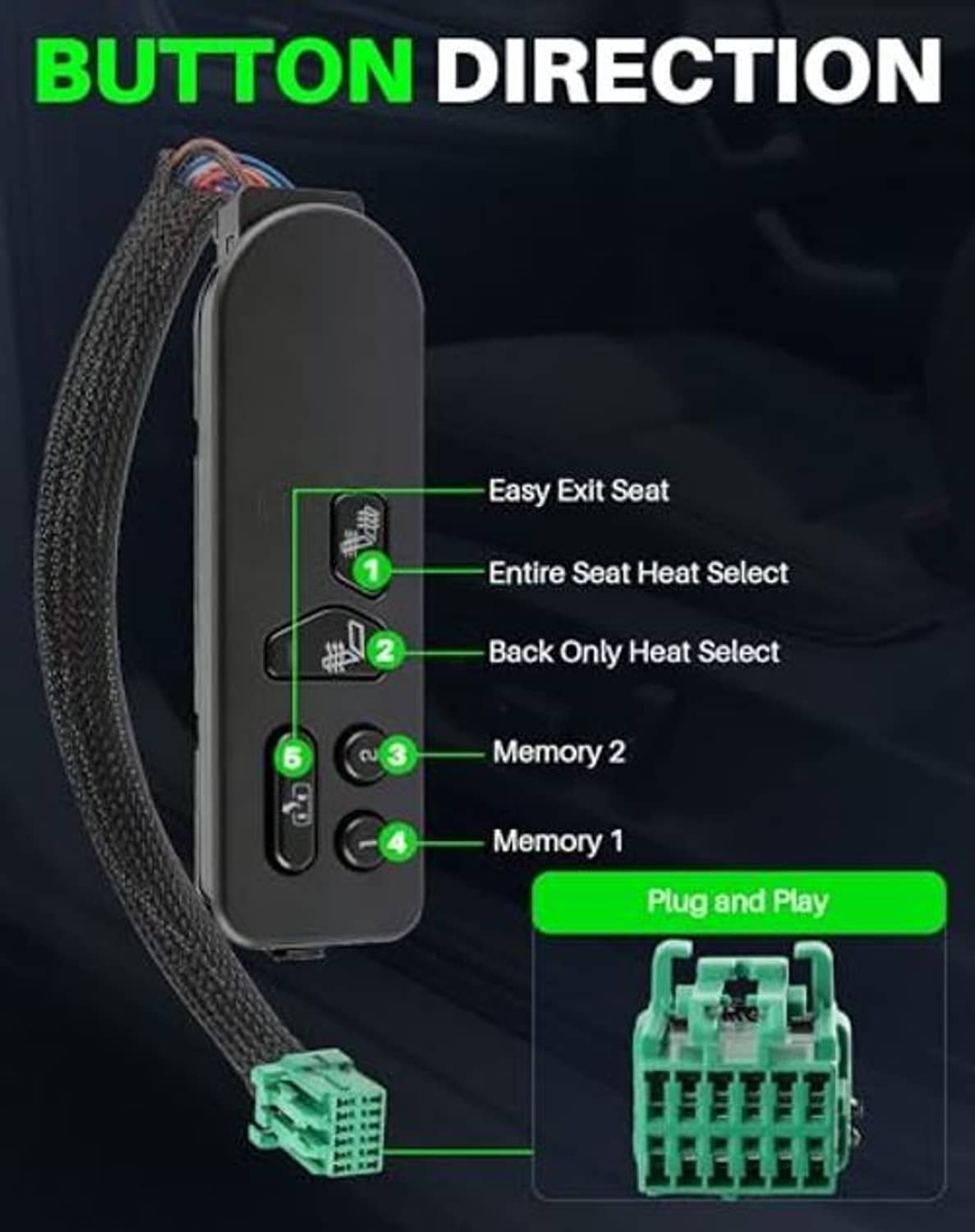 Heated seat switch panel with easy-exit, heat select, and memory button labels