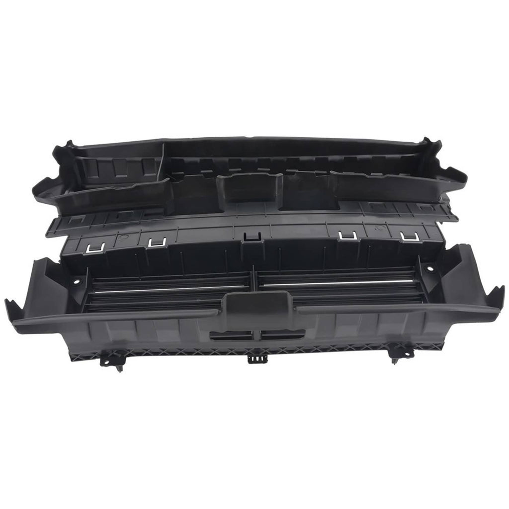 Black grille shutter assembly with horizontal louvers and molded mounting clips, open frame