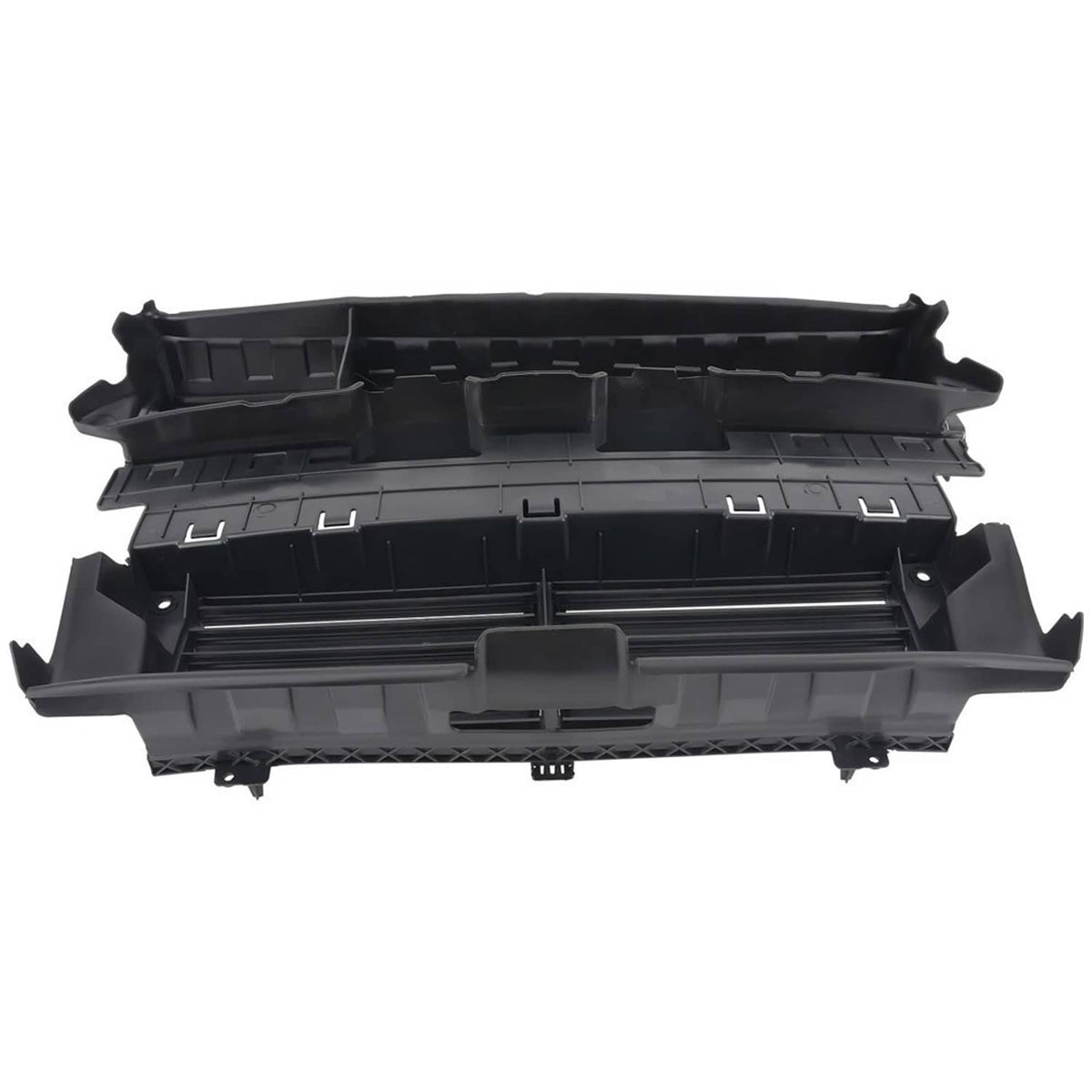 Black grille shutter assembly with horizontal louvers and molded mounting clips, open frame