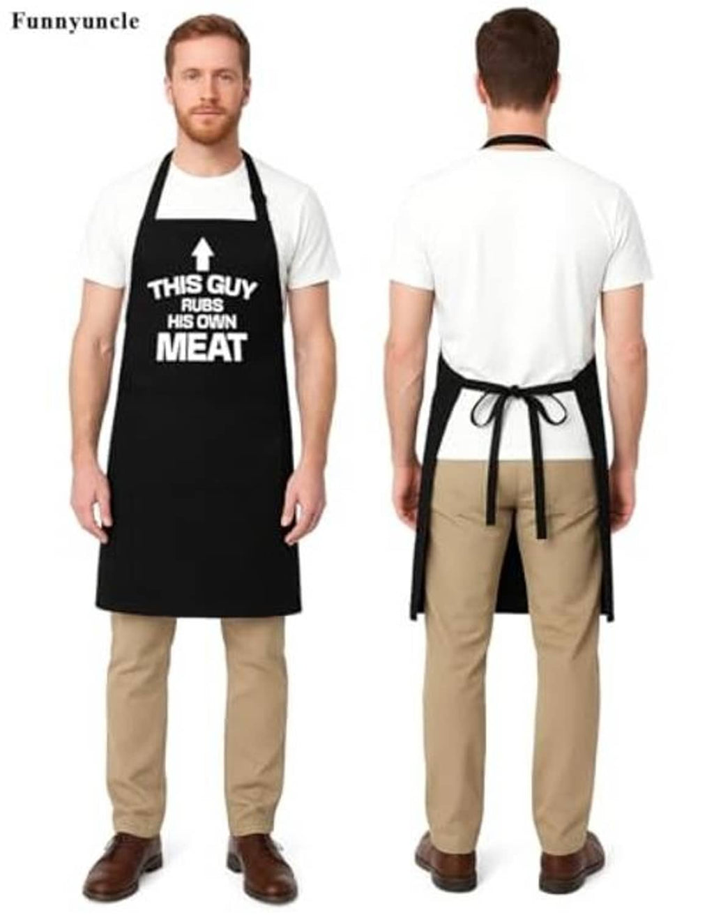 Black apron front and back view with 'THIS GUY RUBS HIS OWN MEAT' print and waist tie