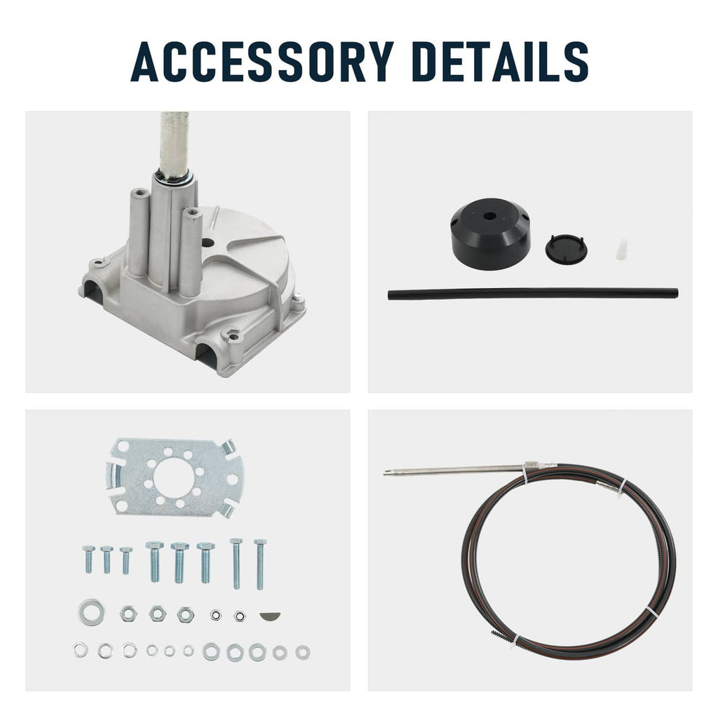 Accessory details for steering kit including base plate, fasteners, and cable assembly