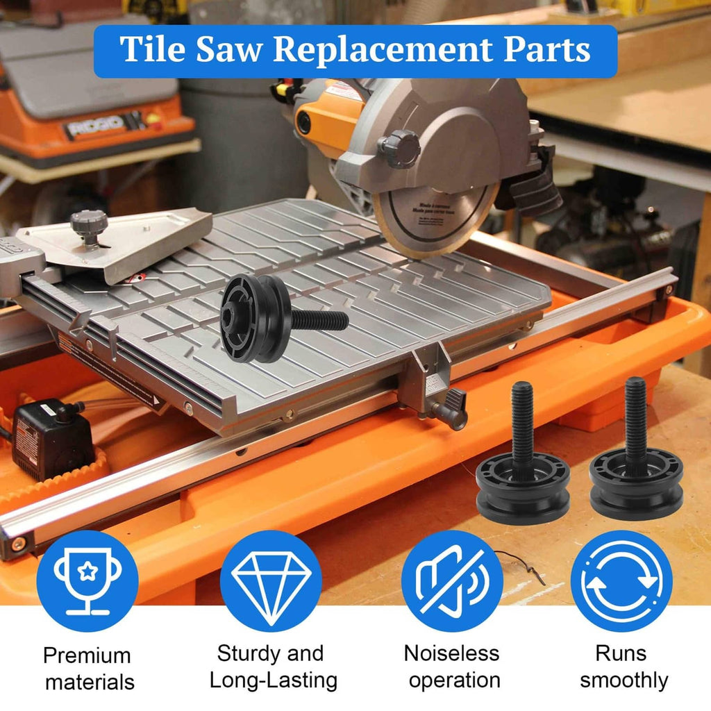 Two black tile saw roller assemblies on a tile saw base