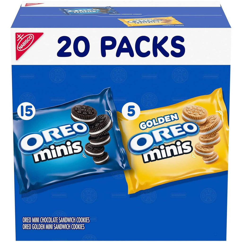 20-pack carton showing 15 Oreo minis and 5 Golden Oreo minis snack packs