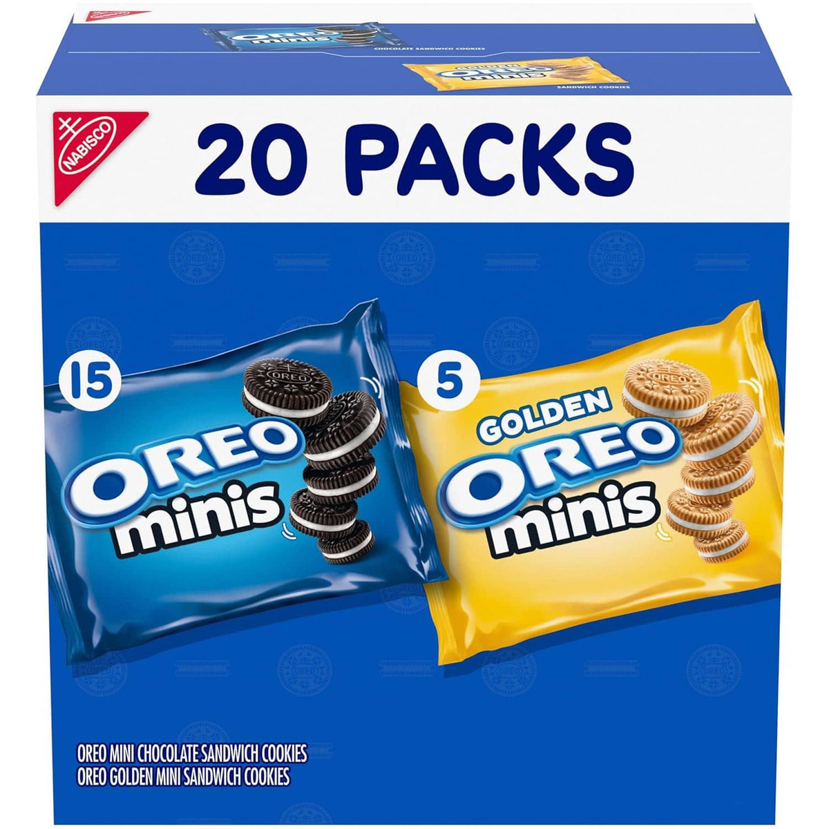 20-pack carton showing 15 Oreo minis and 5 Golden Oreo minis snack packs