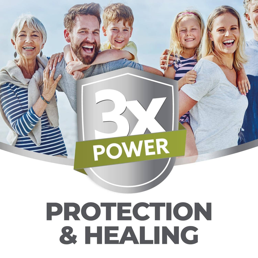 Protection & healing 3X power badge with shield graphic and banner