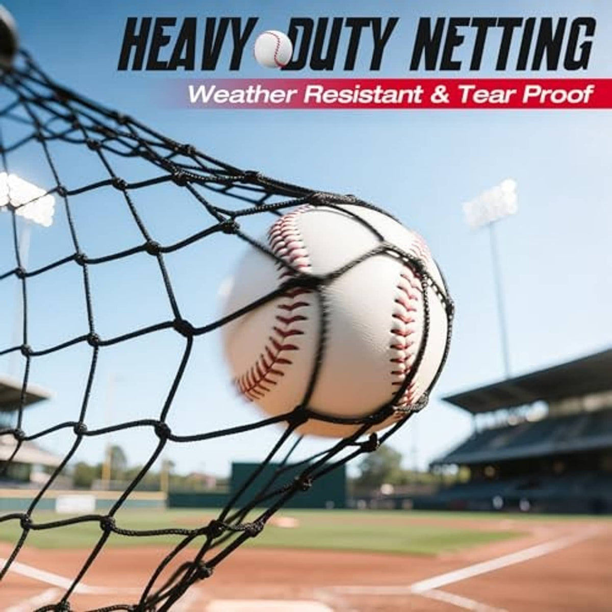 Close-up of heavy-duty baseball net with a ball caught in the mesh