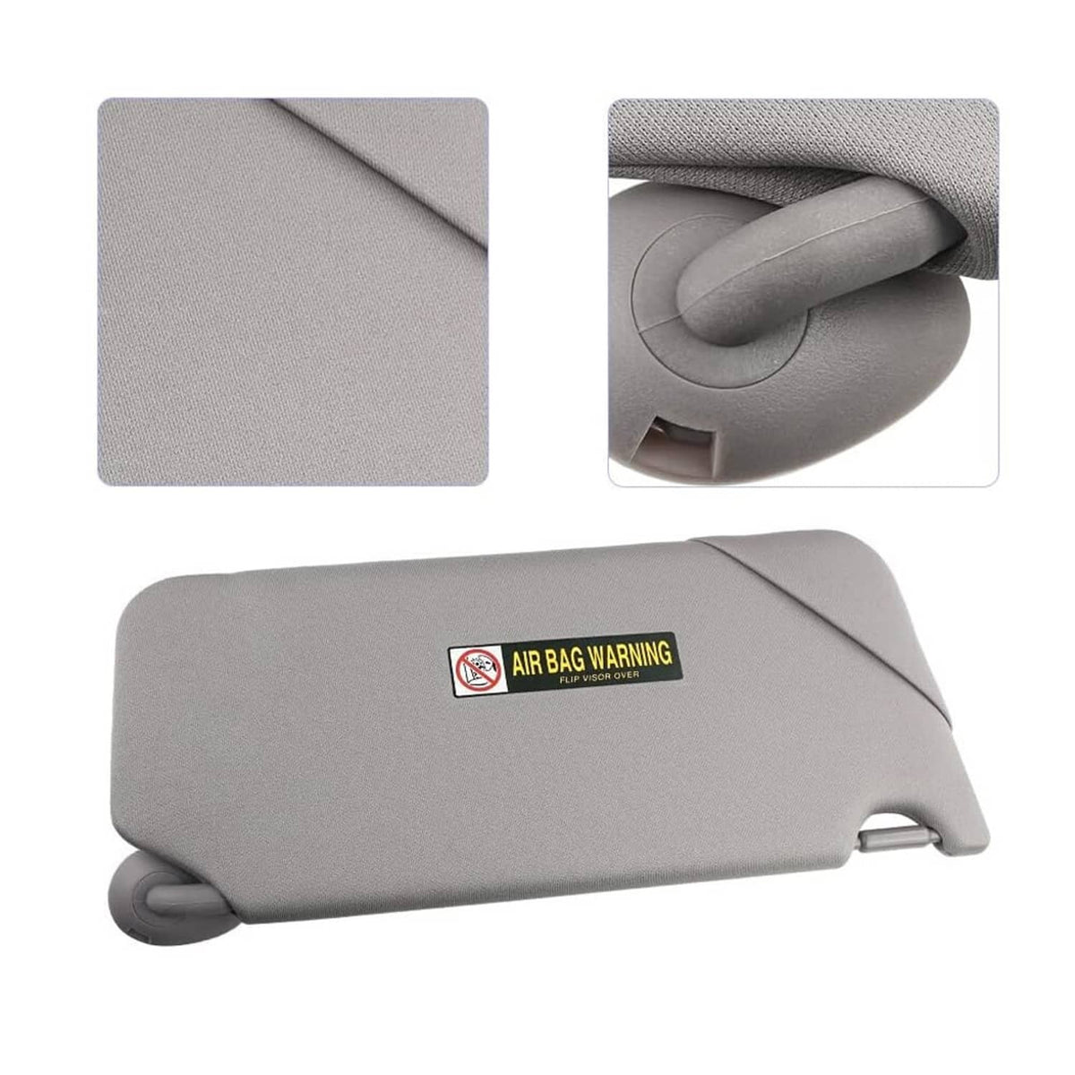 Gray sun visor with airbag warning label; close-up detail of fabric and handle