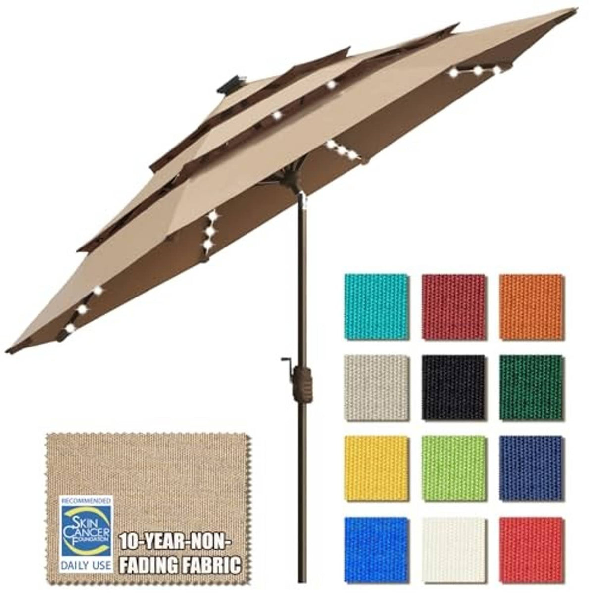 Heather beige market patio umbrella with LED lights and color swatch grid beside it.
