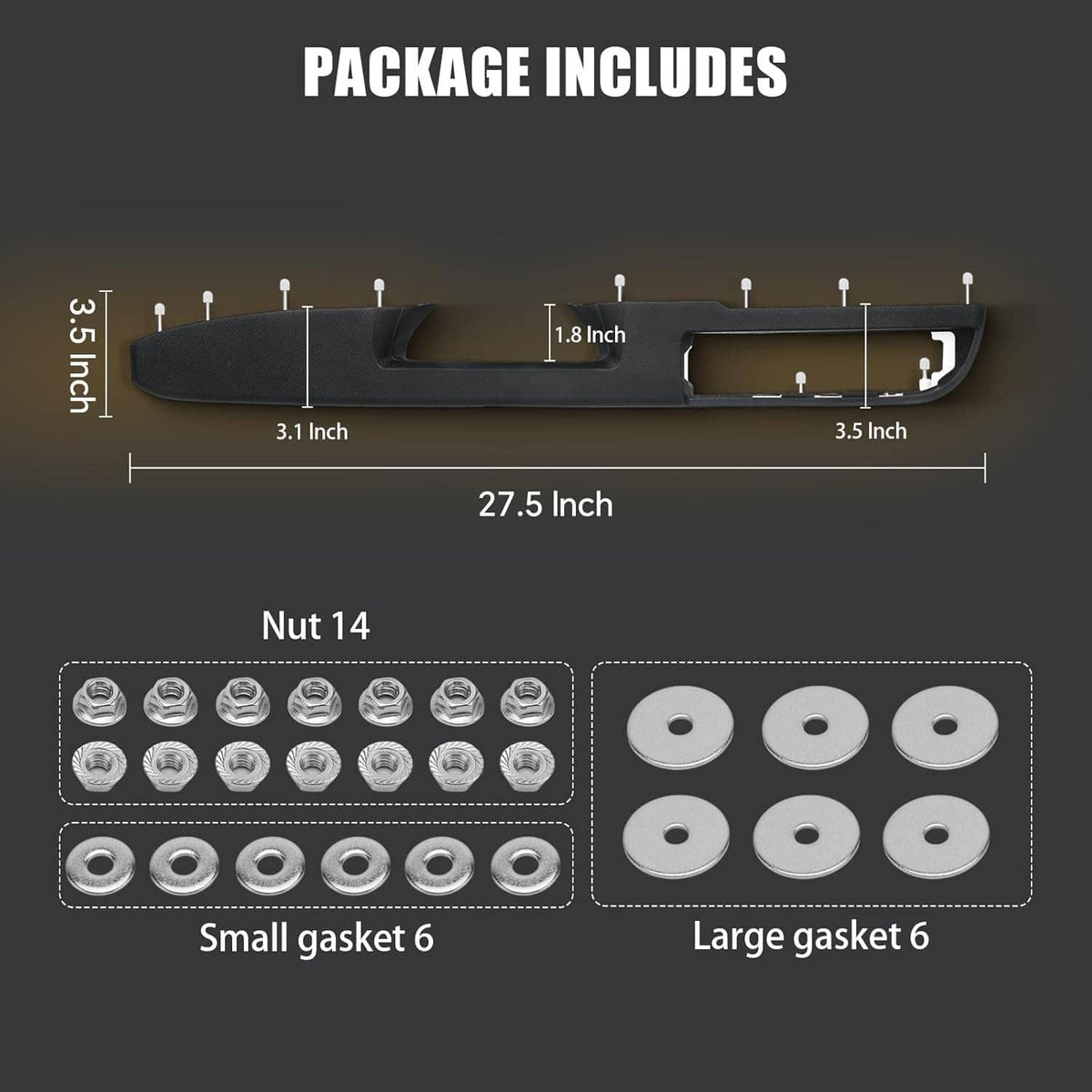 Door panel handle armrest repair kit components with dimensions and nut/washers