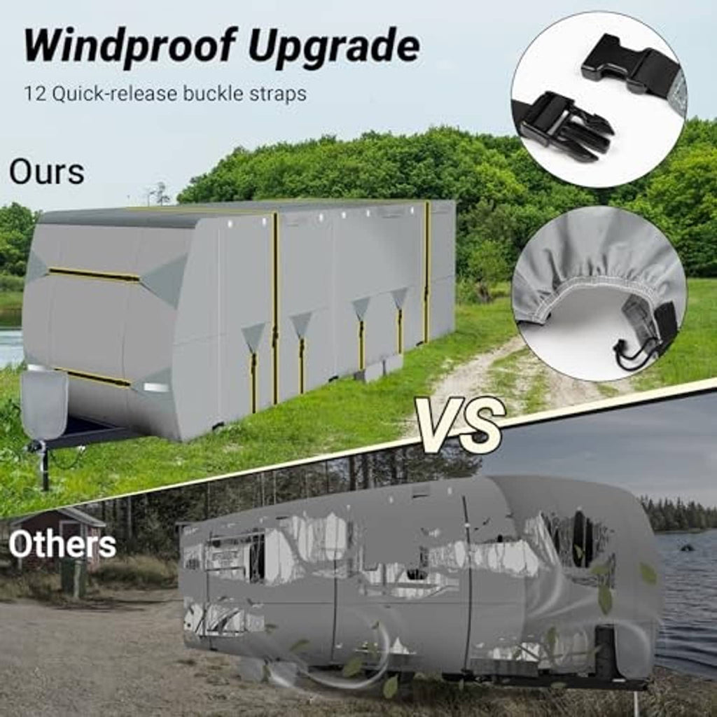 Gray RV cover with quick-release buckle straps and cinched hem for wind protection