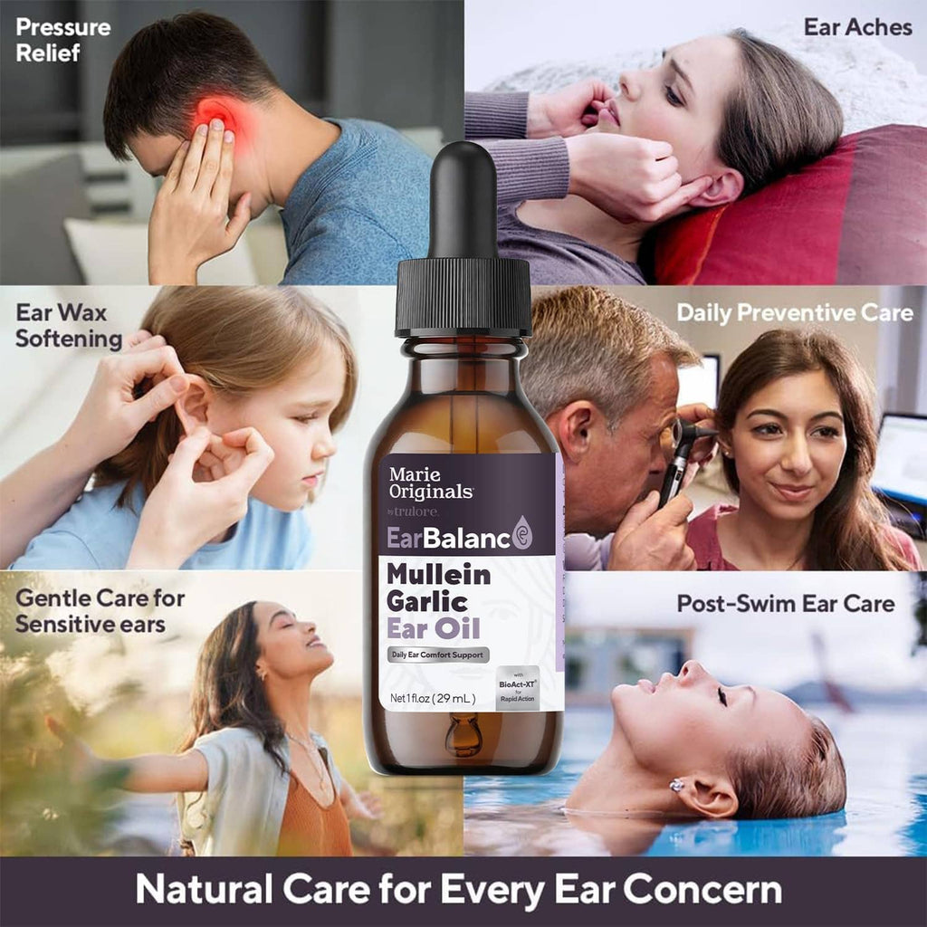 Mullein garlic ear oil drops: amber dropper bottle centered on family ear-care collage