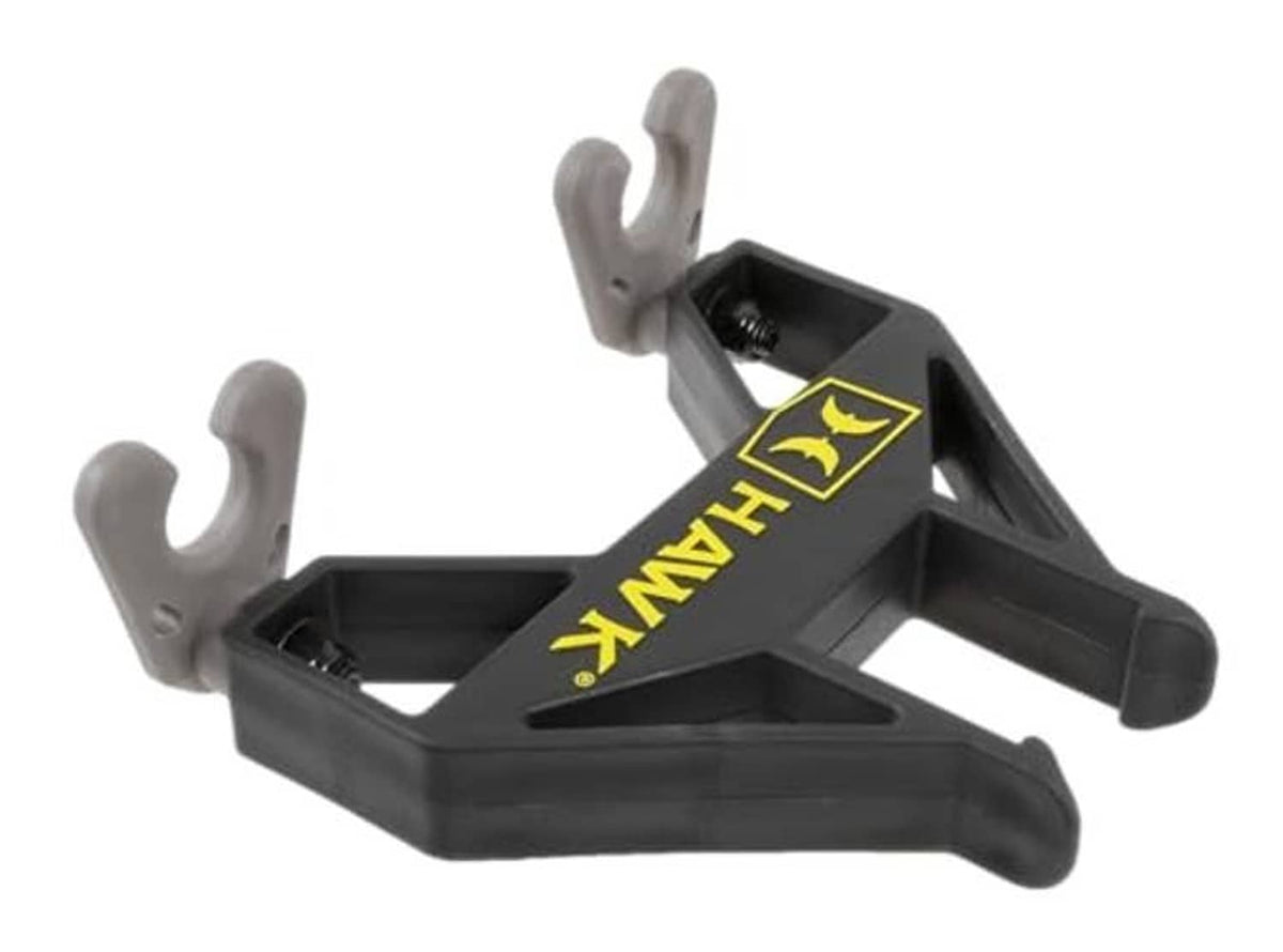 Arrow stick quiver with three gray launcher prongs, black body and yellow Hawk logo
