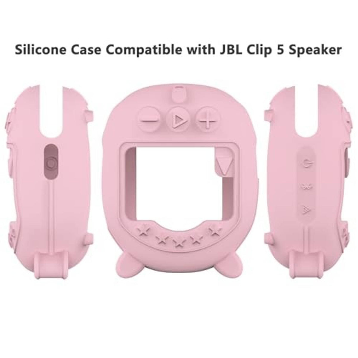 Pink silicone speaker cover set with button cutouts, headphone-sized form