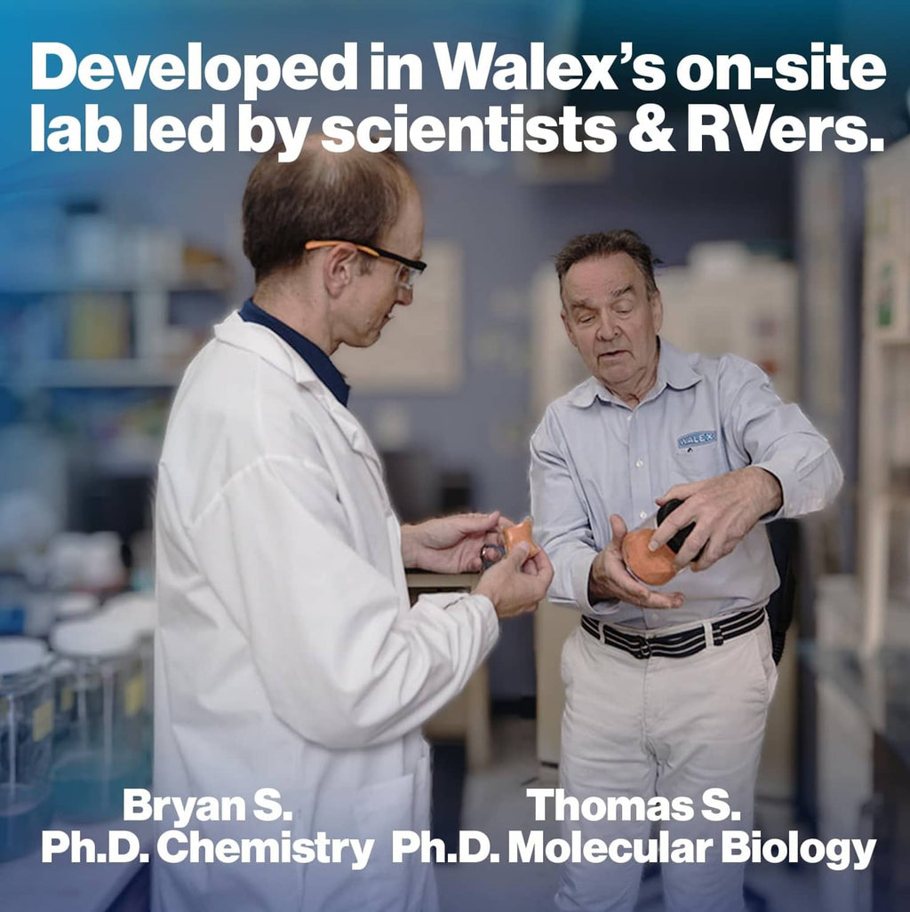 Lab-developed Citra-Pak RV toilet treatment with scientists demonstrating packets