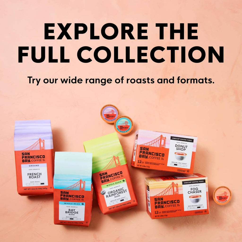 San Francisco Bay Coffee assortment of flavored roast bags and boxes