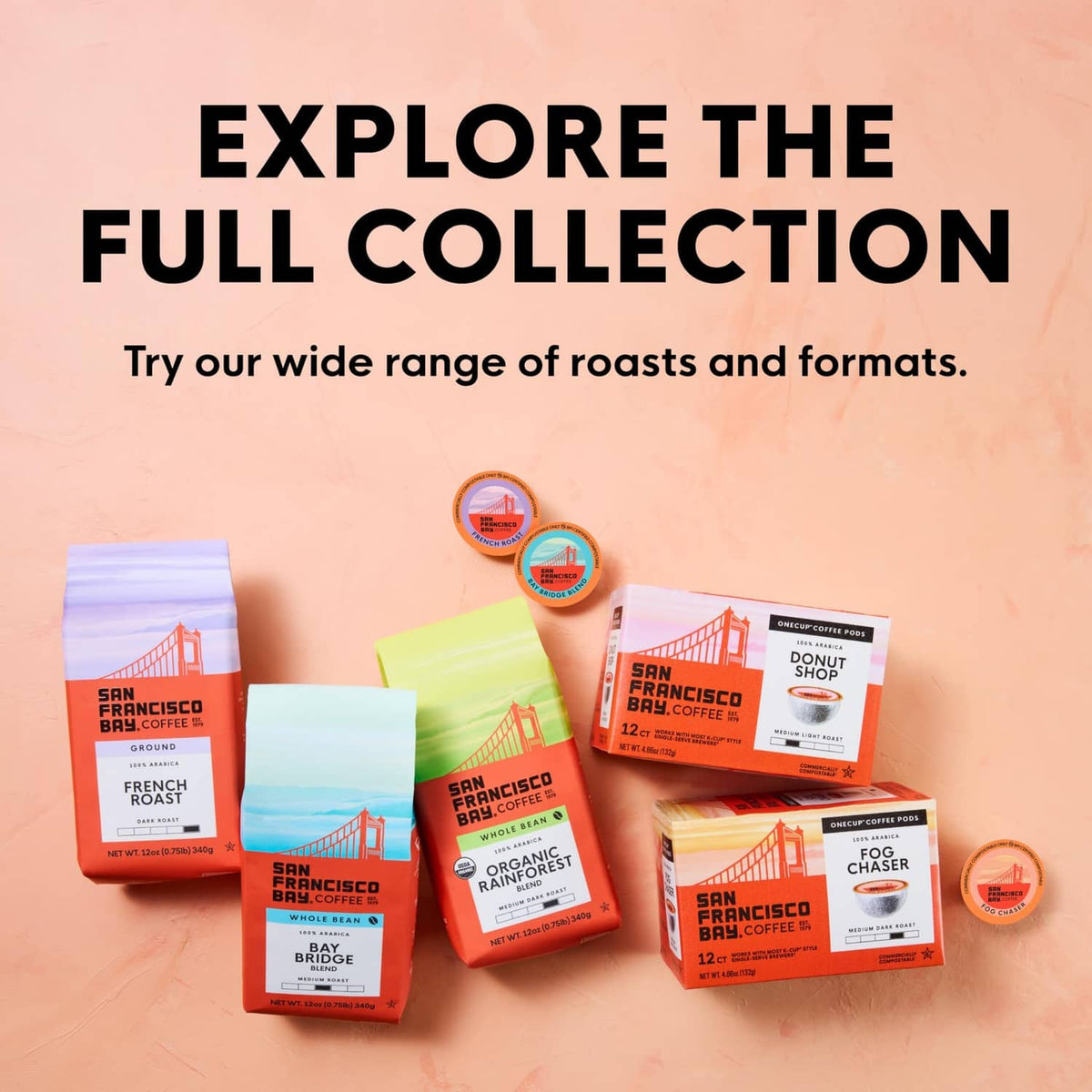 San Francisco Bay Coffee assortment of flavored roast bags and boxes