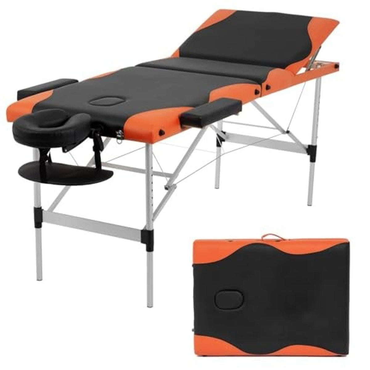 Orange and black adjustable massage table with padded headrest and arm support, with carrying bag