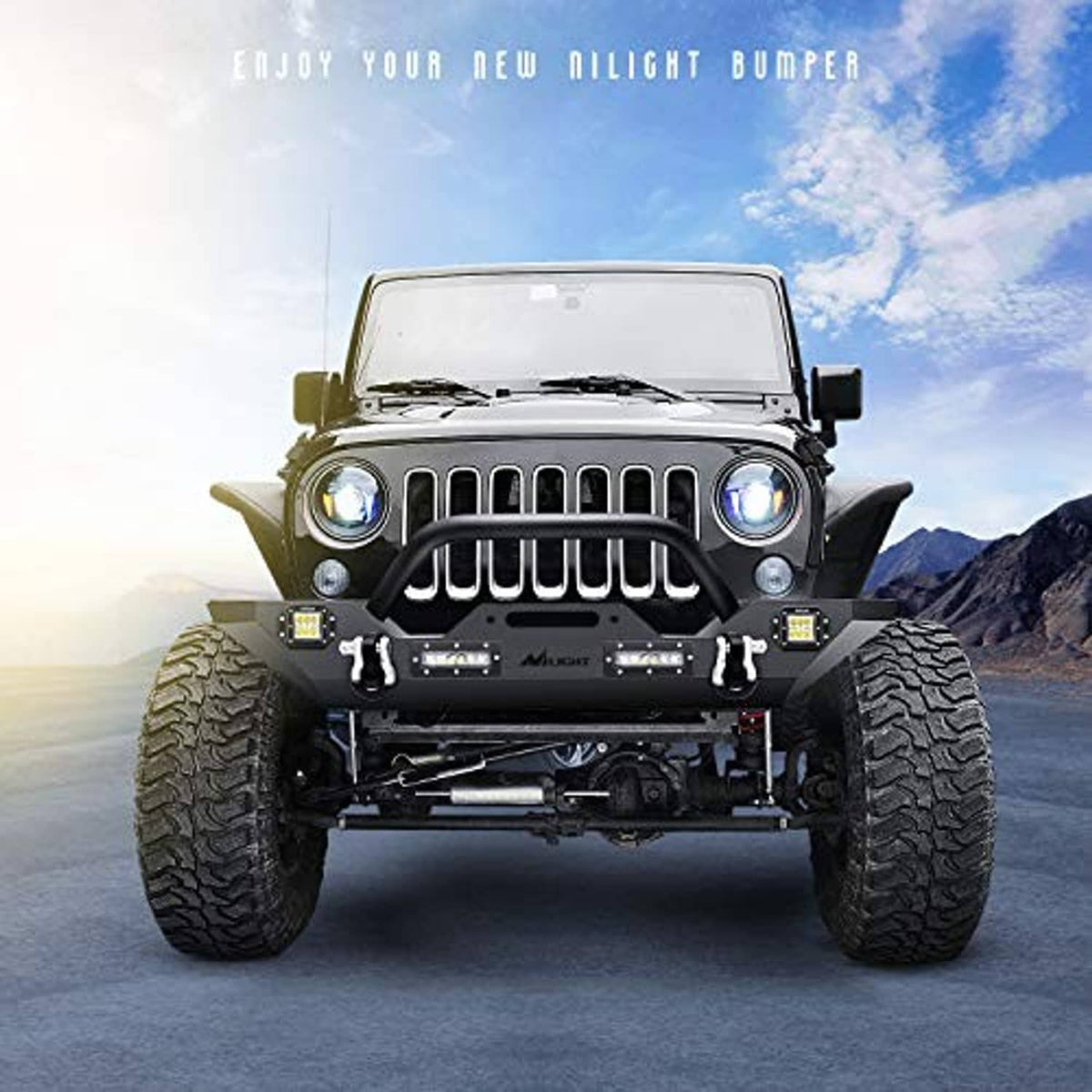 Black off-road front bumper with integrated LED pods and grille hoop on a Jeep