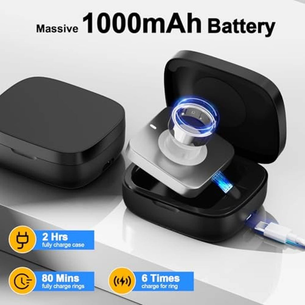 Black wireless charging case open, showing a glowing blue charging pad