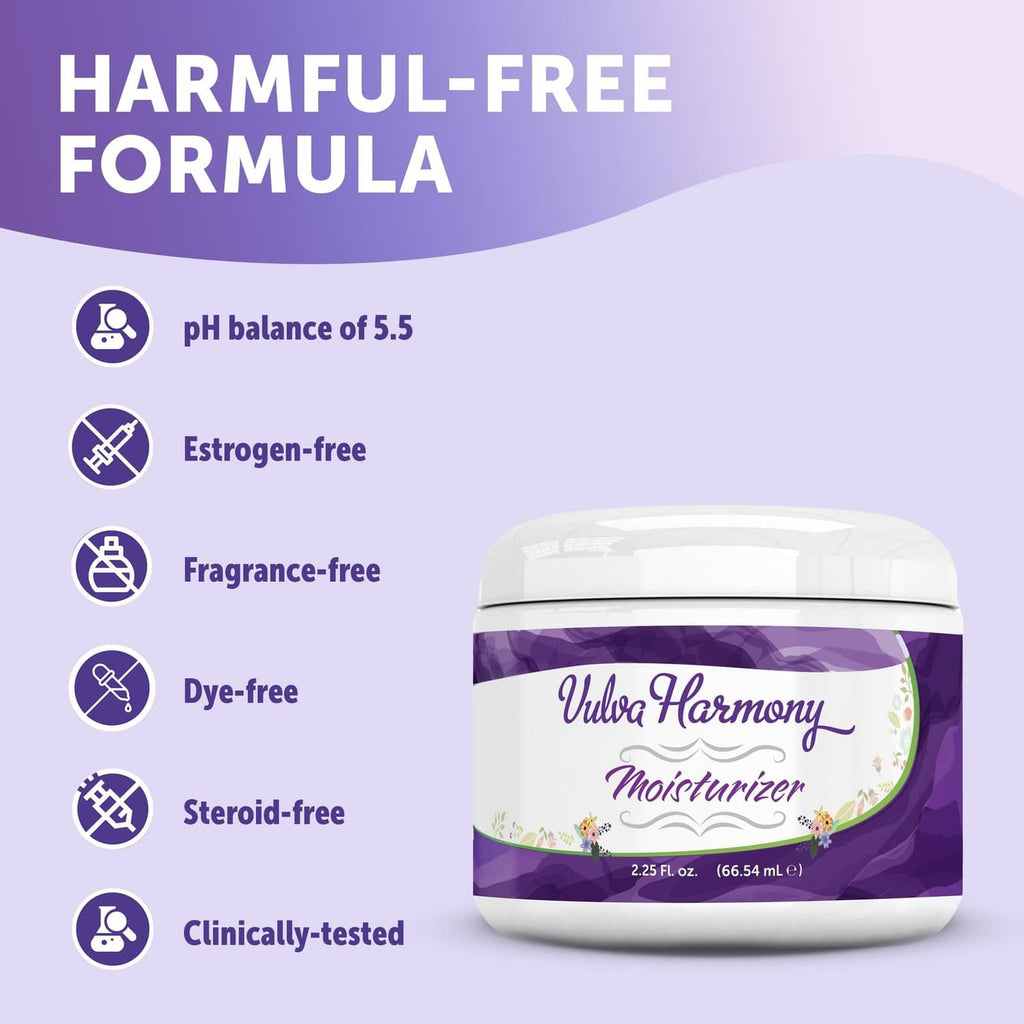 Vulva Harmony vaginal balm jar with purple label on harmful-free formula layout