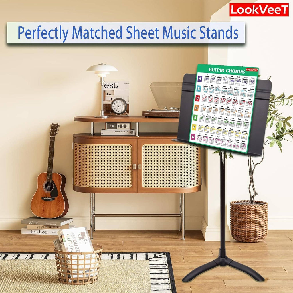 Guitar chord chart poster with color-coded fretboard diagrams on a display stand