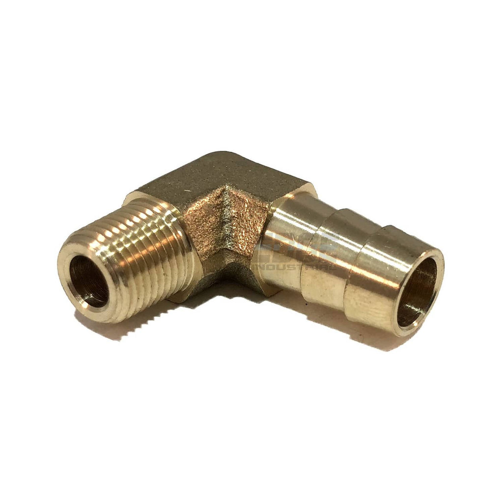 Brass 90-degree hose elbow fitting with male NPT threaded ends