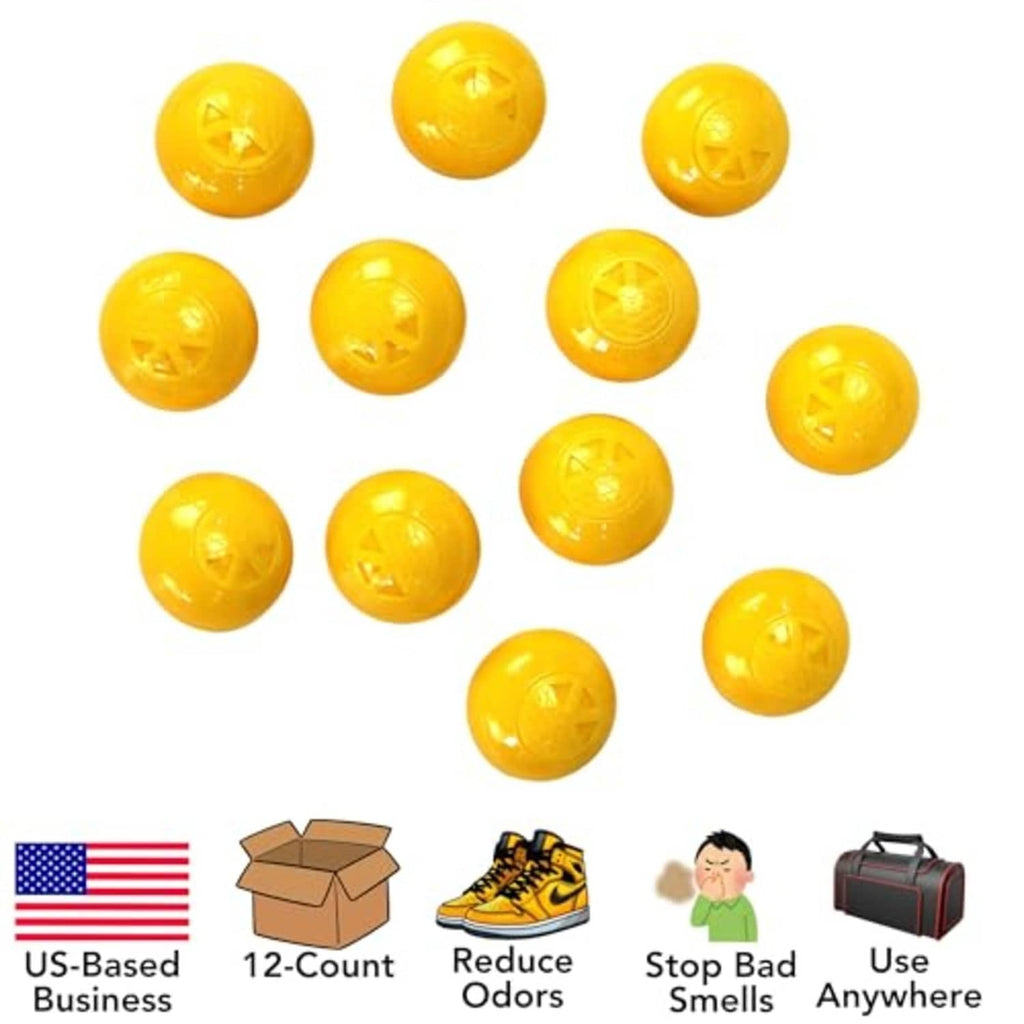 Yellow deodorizer spheres, 1-inch round balls with star icon, multiple pack.