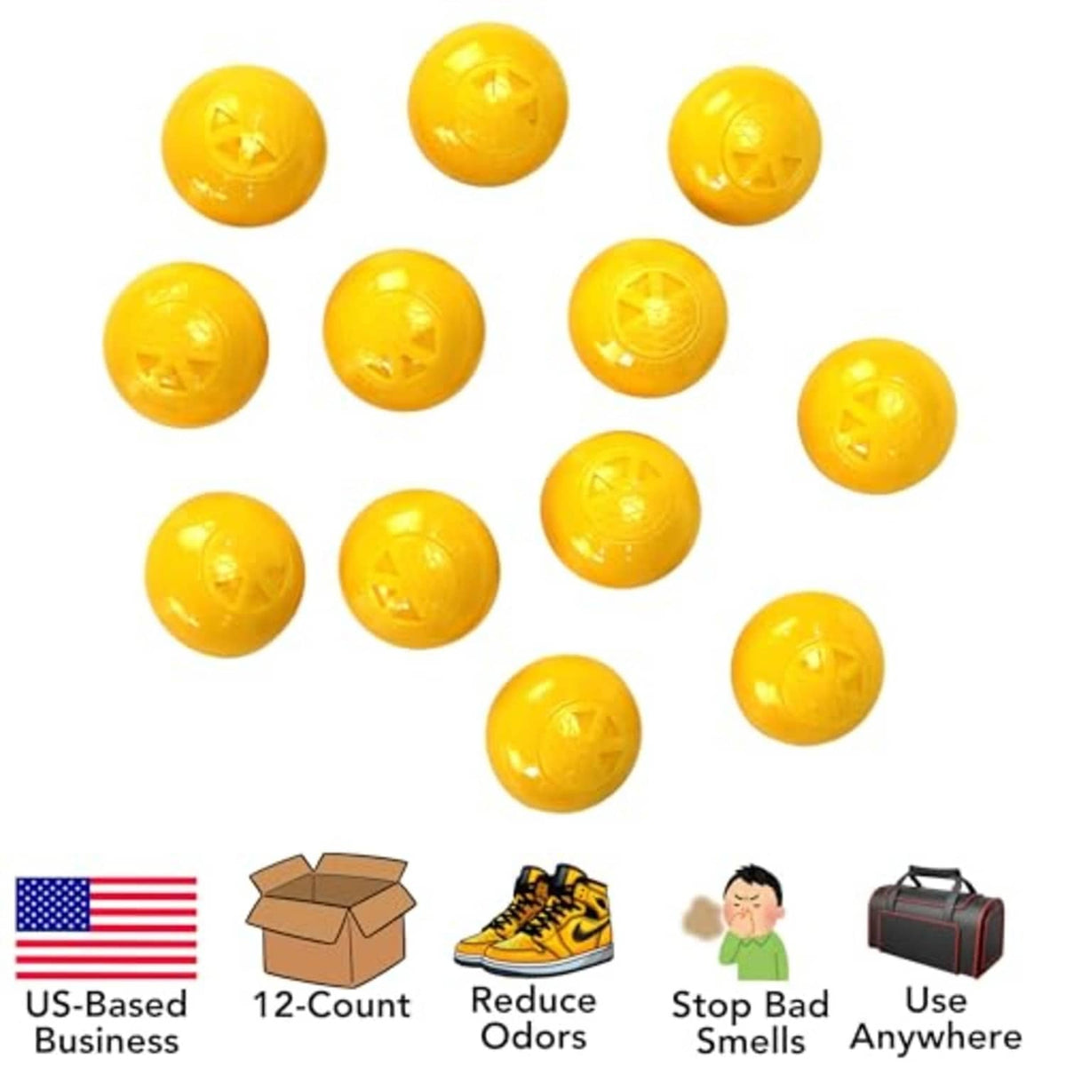 Yellow deodorizer spheres, 1-inch round balls with star icon, multiple pack.