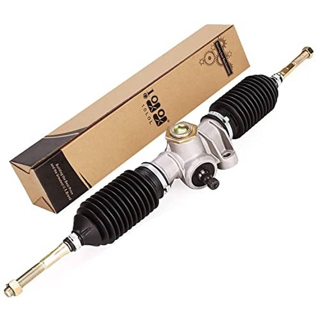Steering rack assembly with black bellows and silver housing in cardboard box