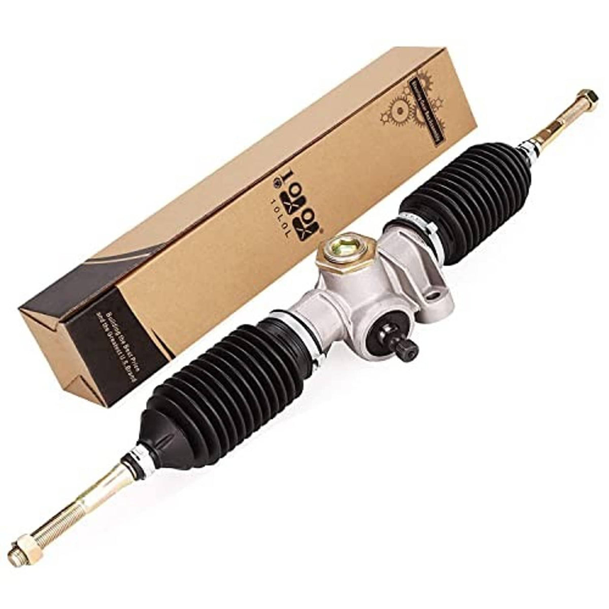Steering rack assembly with black bellows and silver housing in cardboard box
