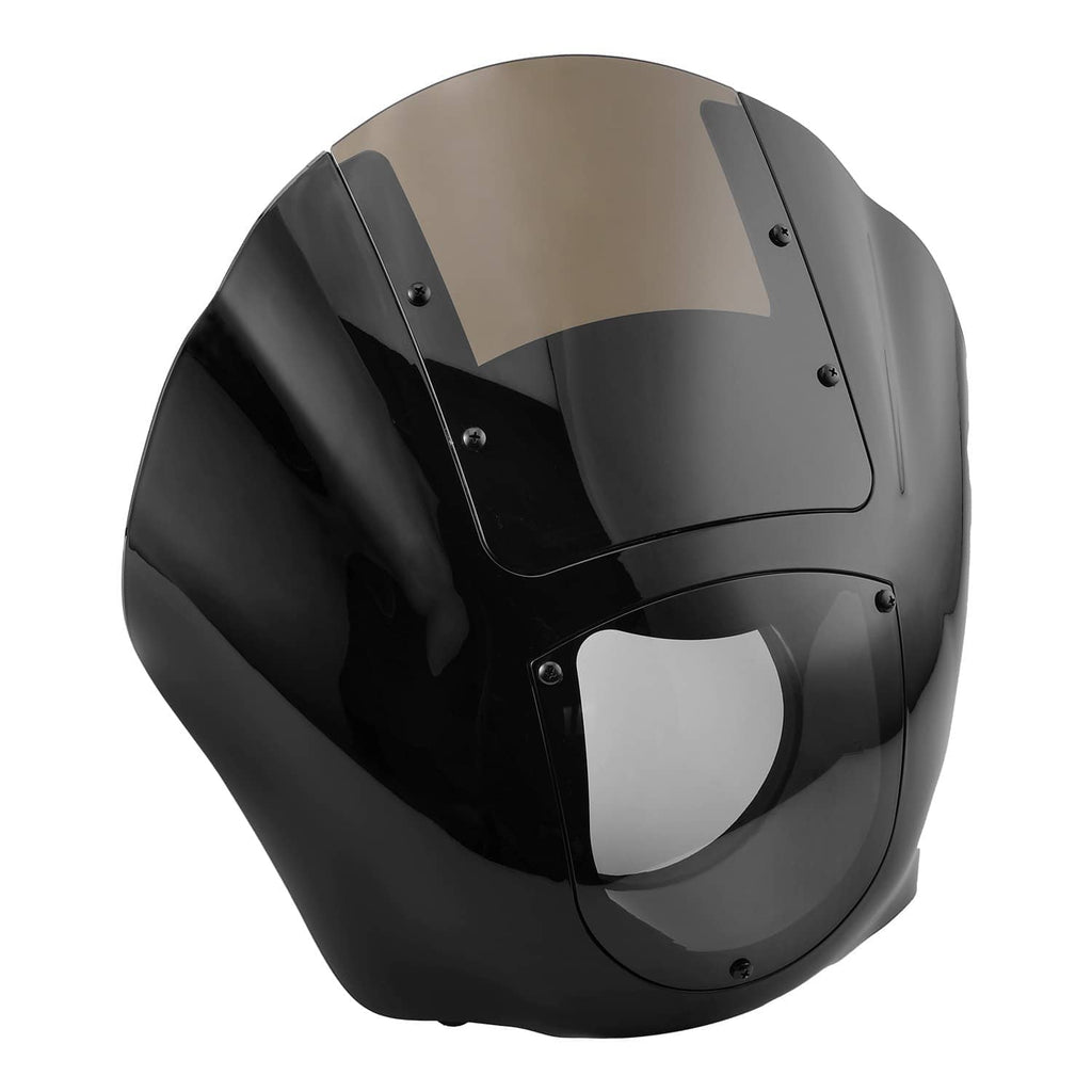 Black smoke windshield front fairing in angled view showing headlight opening