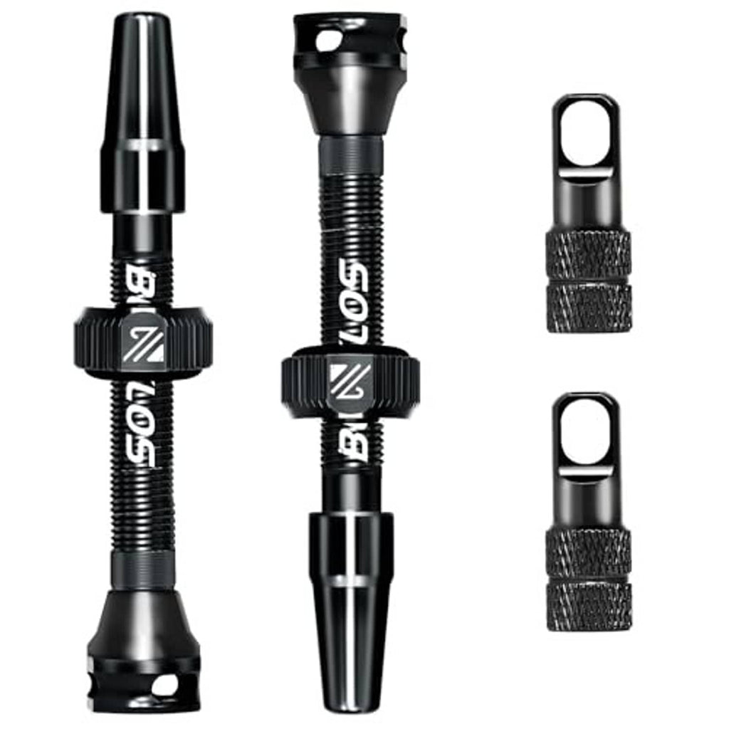Pair of black Presta valve stems with caps and knurled base collars