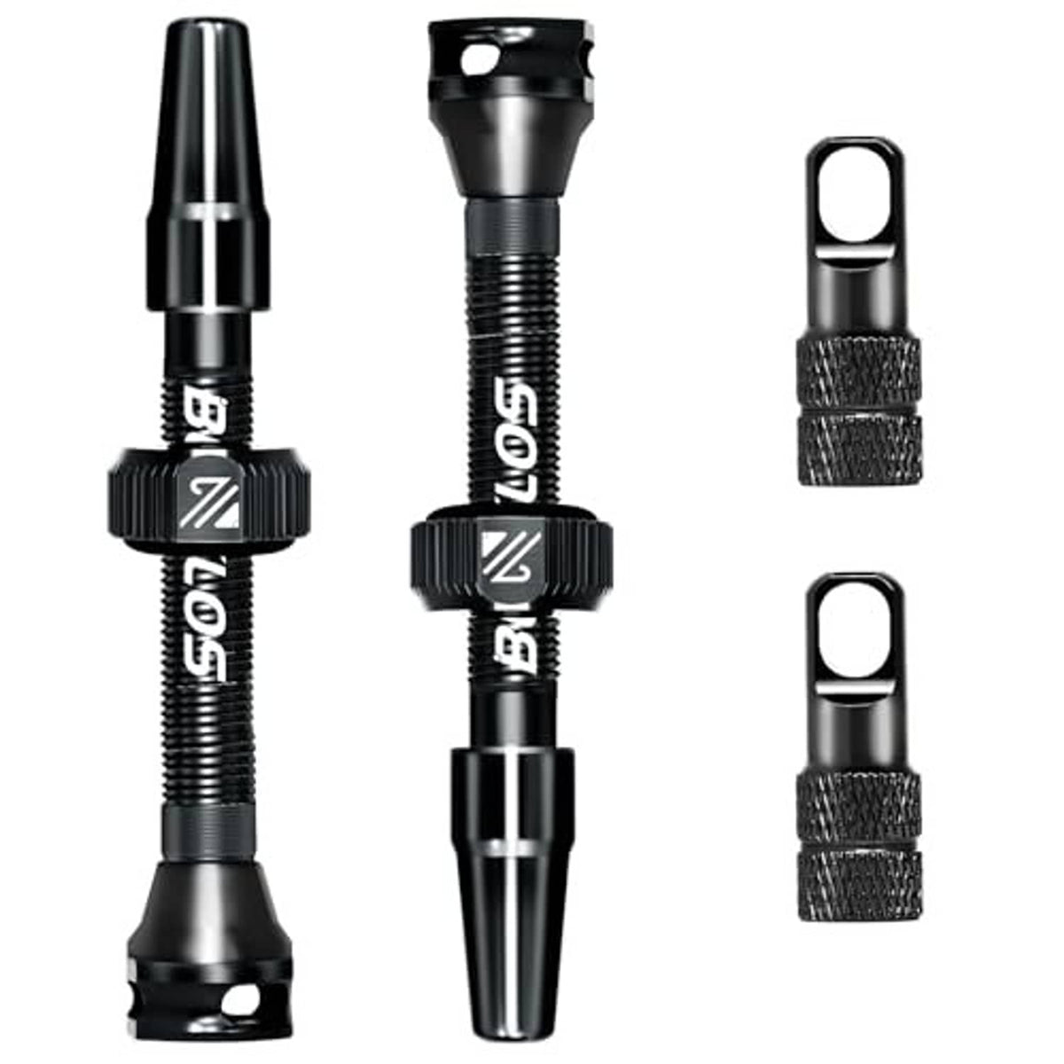 Pair of black Presta valve stems with caps and knurled base collars