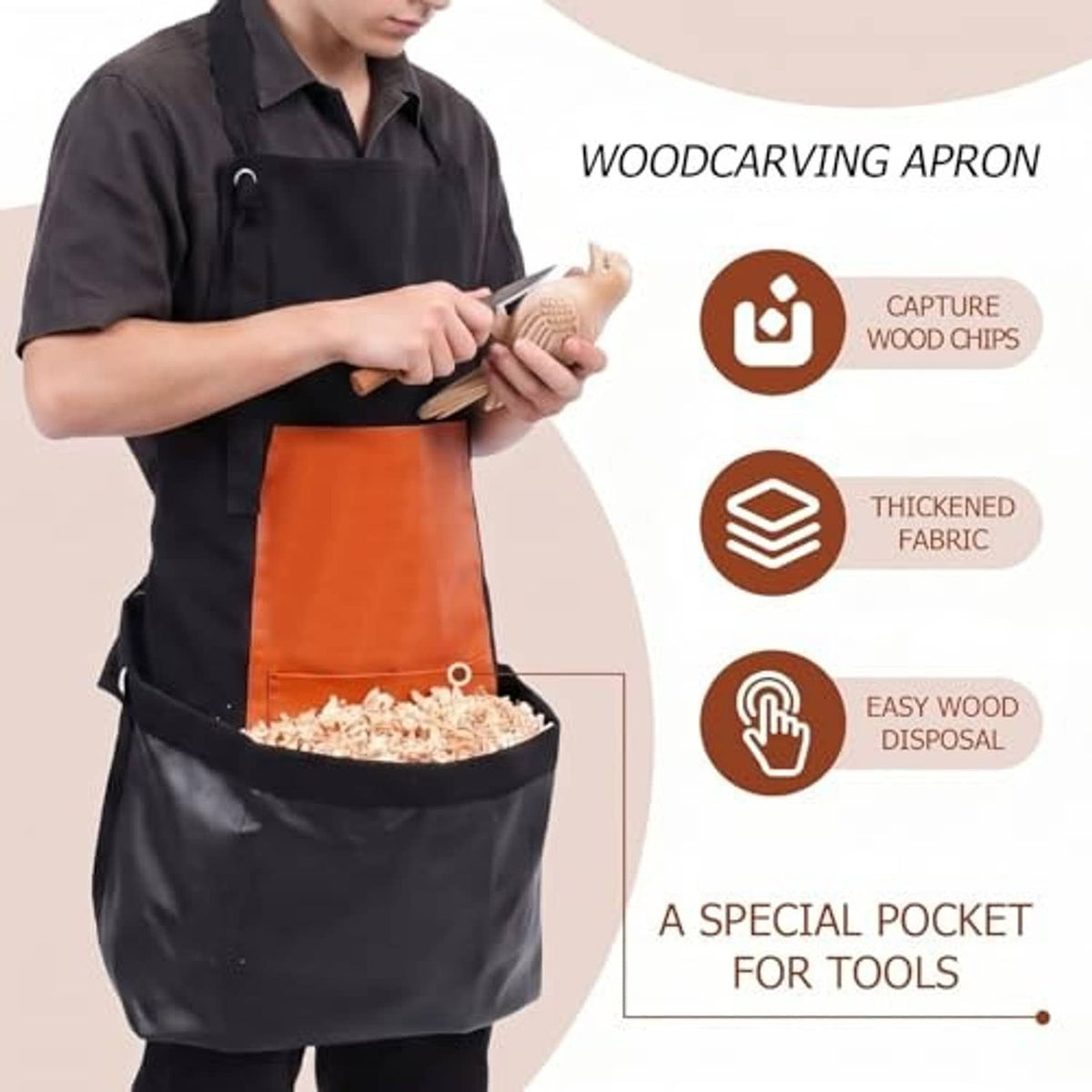 Woodcarving apron in black with orange panel and front tools pocket