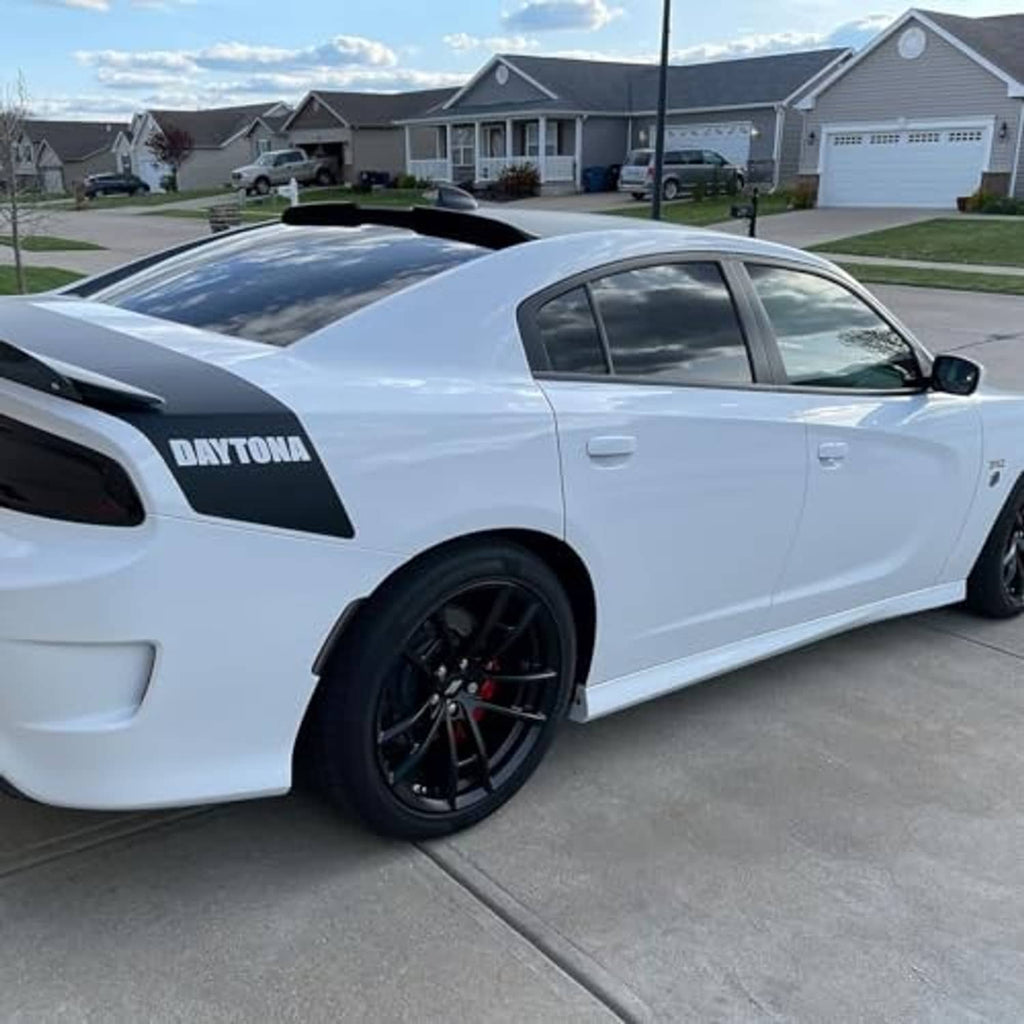 Rear window roof spoiler visor wing on white car roof, gloss black