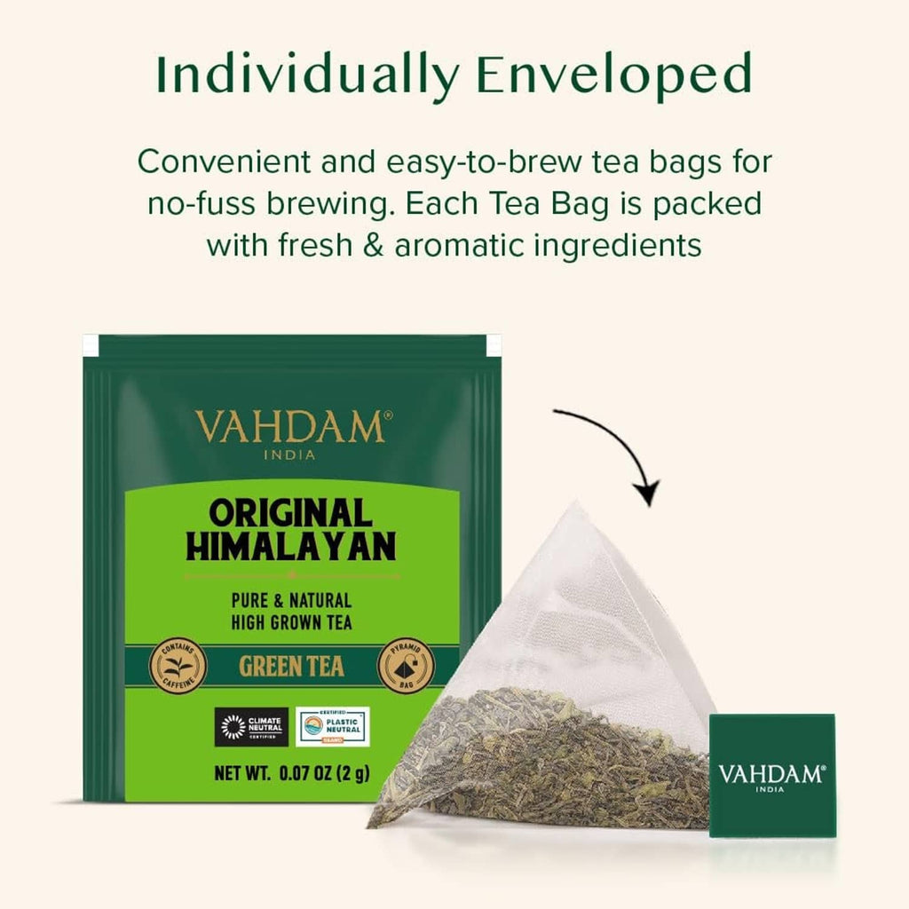 VAHDAM Original Himalayan green tea bag pouch with pyramid tea bag