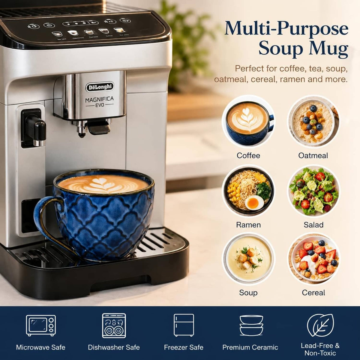 Blue ceramic soup mug with lid and handle shown beside a coffee machine.