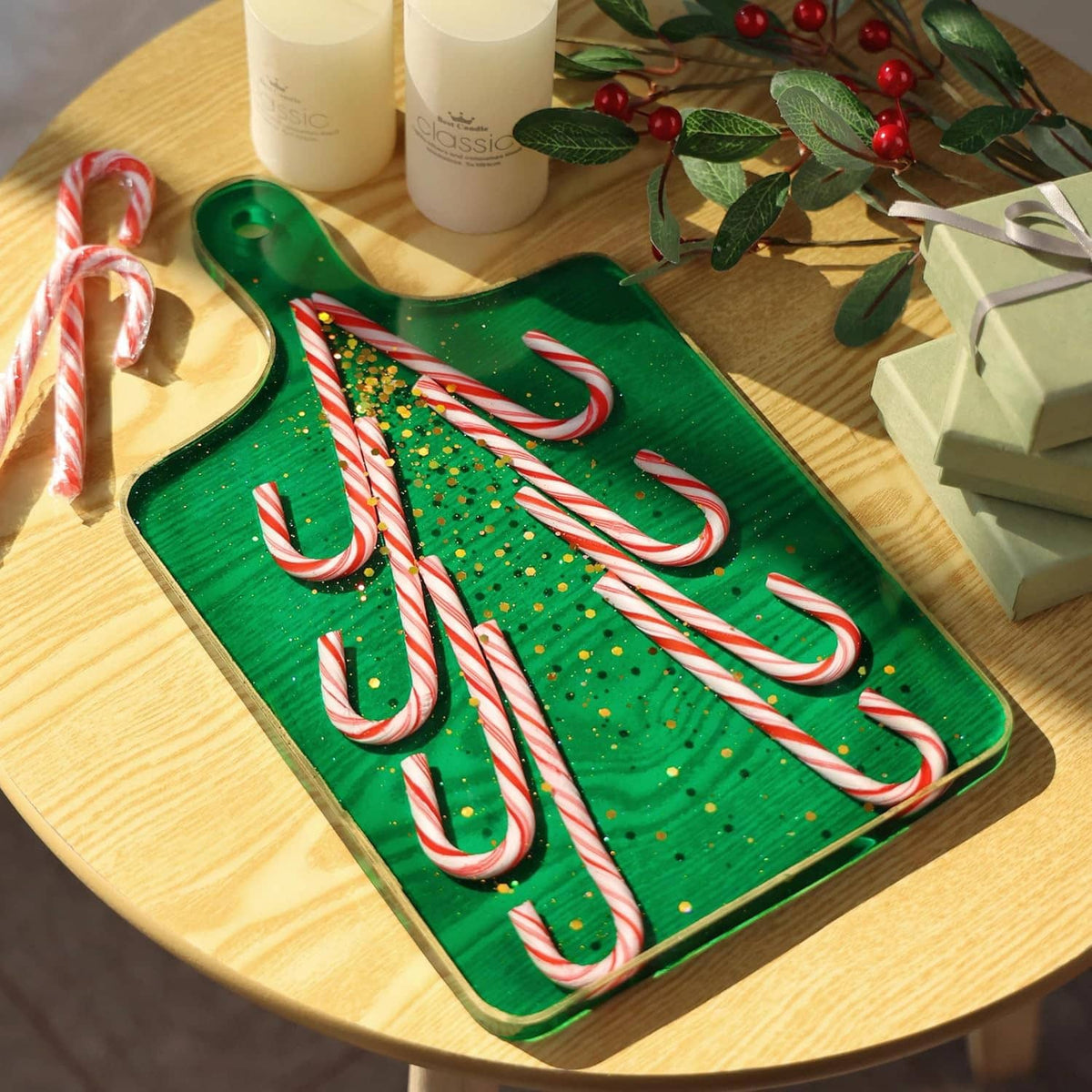 Rectangle resin tray mold with green candy cane pattern and dotted accents